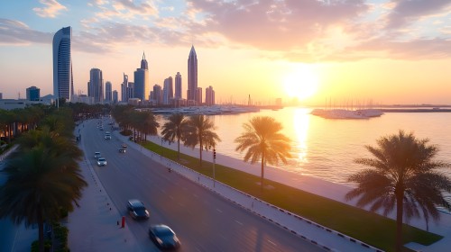 A view of a modern coastal city during sunset. The image features skyscrapers with various architectural designs, a busy road lined with cars and palm trees. The sea reflects the golden sunlight with small boats docked near the shore, and the sky is lightly clouded with the bright sun on the horizon.