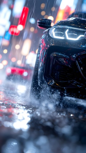 Image of a black car wheel splashing water as it moves on a wet road under the rain. The car\'s bright headlights are prominently visible, with a background of vivid and blurred city lights, enhanced by the rain droplet effects.