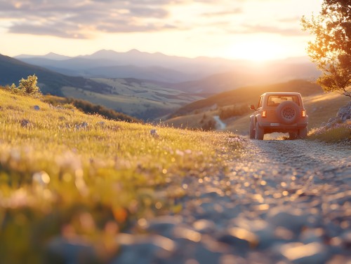 A car driving on a rugged mountain path at sunset. The view shows mountains in the sunlit background and grassy fields on either side of the road. Nearby trees and the distant scene are bathed in golden sunlight, giving the scene a sense of tranquility and natural beauty.