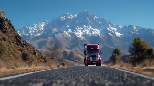 A red truck driving on a paved road between mountains. The mountains are in the background with snow-capped peaks under a clear blue sky. The road is surrounded by wild vegetation and a small tree on the right side.