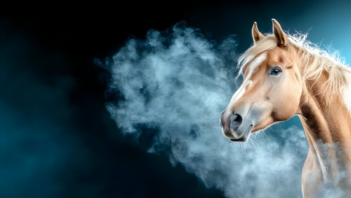 An image of a blonde horse\'s face with a background of white smoke rising into the air. The horse is shown with sharp features and clear details from its right side, with blonde hair flowing in the wind, adding a dramatic and captivating quality to the image.