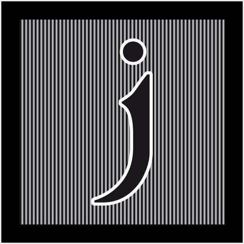 حرف "j" صغير بخط مائل بلون أبيض على خلفية مكونة من خطوط عمودية رمادية سوداء.