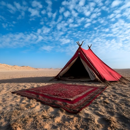 Image of a traditional Bedouin tent set in an open desert landscape. The tent is made of red fabric and secured with poles. In front of the tent, there is a patterned rug laid on the sand. The sky is clear blue with scattered clouds. The surrounding environment is arid with sand dunes.
