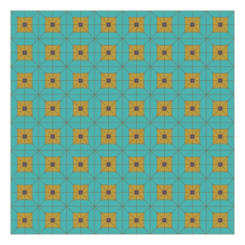 Geometric pattern design featuring blue and green squares with decorative yellow elements.