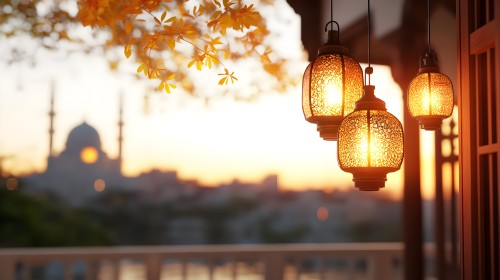 A scene of intricately designed glass lanterns hanging from the ceiling of a house\'s facade, glowing warmly from within. Wooden windows and pillars are visible beside the lanterns. In the distant background, a mosque with domes and minarets is silhouetted against the sunrise or sunset, adding a serene and spiritual feel to the image. Yellow foliage hangs from above.