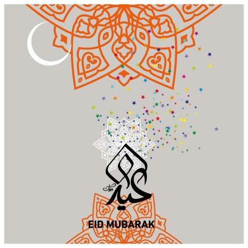 Eid card design with beautiful Arabic calligraphy saying \"Eid Mubarak,\" featuring geometric patterns, a small crescent, and vibrant colors.