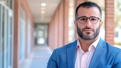 A portrait of a man wearing round glasses, with a short beard and dark brown hair. He is dressed in a blue suit and light pink shirt, standing in a hallway leading indoors, with a blurred background featuring glass and brick walls.