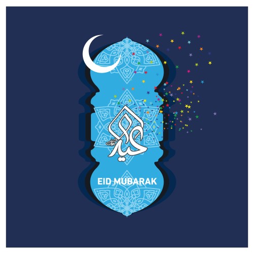 Eid Mubarak card design with a beautiful phrase, crescent moon, colorful stars, and geometric patterns.