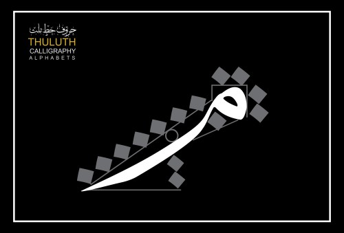 صورة تظهر تصميم حرف بخط الثلث في صورة فنية, مع نص "حروف خط الثلث" باللغة العربية والإنجليزية في الزاوية العلوية اليسرى.