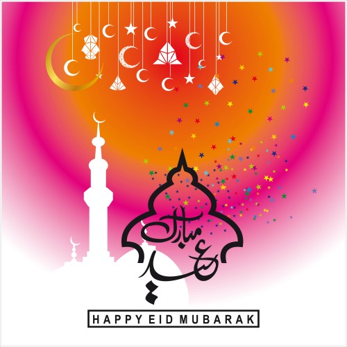 تصميم ملون لتهنئة عيد مبارك مع عناصر زينة إسلامية وهلال المسجد.