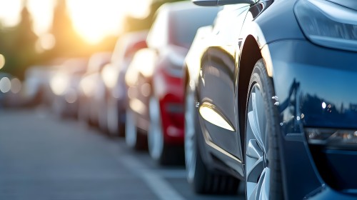 The image shows a row of cars parked along the side of a road, with a blue car prominently featured in the foreground. The background is blurred, with sunlight gleaming, providing a sense of modernity and sophistication.