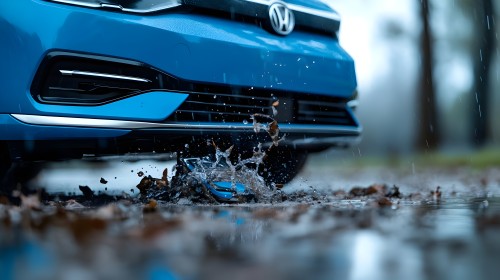 The image depicts the front section of a blue car driving over a small puddle, causing water and fallen leaves to splash into the air. The scene suggests rainy weather, with visible raindrops and a blurred background of trees.