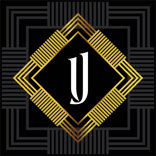 شعار بحرف "J" أبيض داخل تصميم هندسي بألوان ذهبية وسوداء.