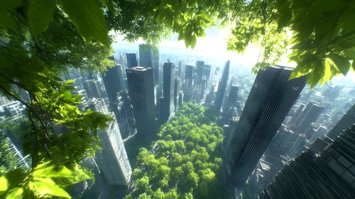 View of a modern city with skyscrapers rising above dense green spaces. The prominent green leaves and trees at the top add a sense of harmony between nature and the city. Sunlight filters through the leaves, creating a bright scene.