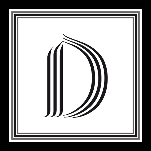 Artistic design of the letter D within a double black and white border.