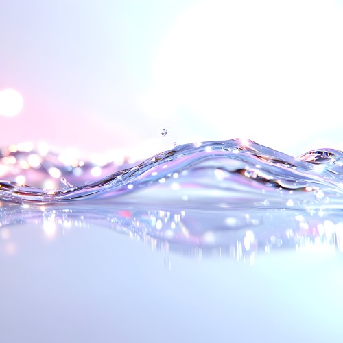 The image shows a wave of blue shimmering water with beautiful light reflections on its surface. The background has a light pink hue, adding a touch of vibrancy and calmness.