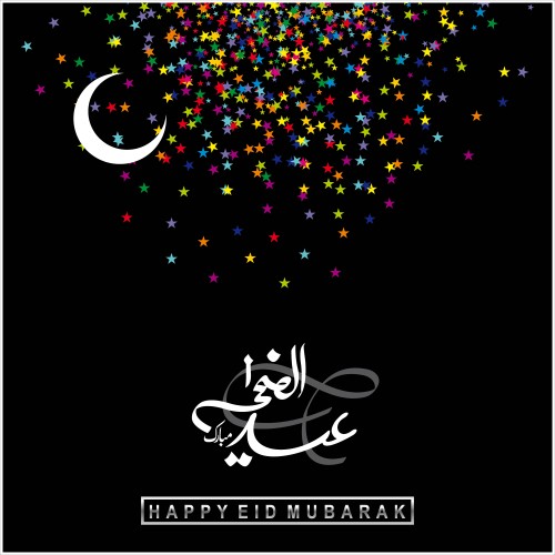 صورة تحتوي على هلال وكلمات "عيد مبارك" باللغة العربية والإنجليزية, مع نجوم ملونة في الخلفية السوداء.