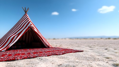A traditional tent in the desert with red and white stripes, and a red patterned carpet in front. The white sand stretches to the horizon under a clear blue sky with a few small clouds.