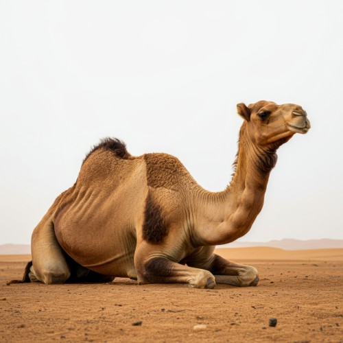 جمل بني اللون مستلقٍ على الرمال في الصحراء الواسعة. الجمل يظهر تفاصيل جسمه بوضوح مع حدبته المميزة في الخلفية, ويظهر امتداد الأفق الرملي والخالي من النباتات تحت سماء صافية.