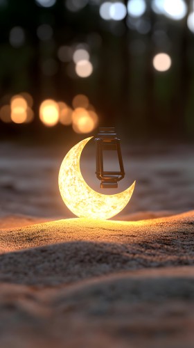 An outdoor scene featuring a luminous golden crescent placed on sandy ground within a forest, with a small metallic lantern hanging on the crescent. The background is blurred, showcasing warm, bohemian-style lights.