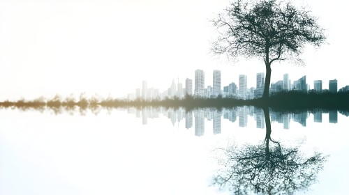 An image depicting a modern city skyline filled with tall skyscrapers, with a bare tree on the right standing next to a body of water that artistically reflects the city\'s skyline and the tree.