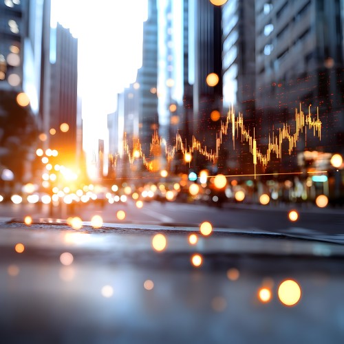 An image of a modern city filled with skyscrapers, with graphical chart reflections in gold colors in the foreground, accompanied by glowing lights and bokeh effects throughout the scene. It conveys the concept of economics and financial markets in an urban setting.
