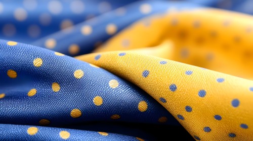 Image of fabric decorated with polka dots. The image shows two pieces of fabric, one blue with yellow dots, and the other yellow with blue dots. The fabrics are wavy and appear with detailed texture and a prominent color contrast.