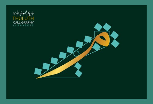 صورة تعرض فن الخط بواسطة خط الثلث, حيث يظهر الحرف العربي "ه" بلون ذهبي مع تفاصيل هندسية على خلفية خضراء داكنة. يوجد عنوان مكتوب بالأعلى باللغتين العربية والإنجليزية يعبر عن الأبجديات الخط الثلث.

-
