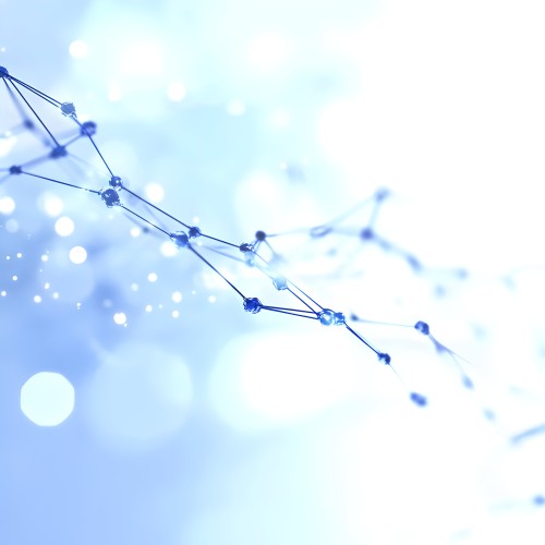 An abstract image depicting a network structure formed by geometric shapes connected in a blue web against a soft background. Dots are linked by thin lines, symbolizing a network or digital connections in a softly lit environment with scattered lights.