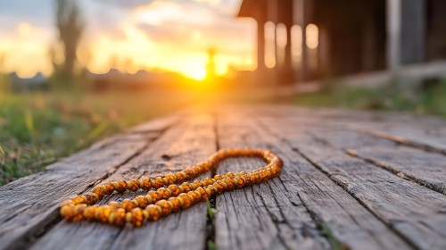Image of a prayer bead strand with amber-colored beads placed on an old wooden surface in an outdoor setting. The sun is setting in the background, creating a golden glow in the sky and surroundings, while green plants and the shadow from a nearby structure add to the natural beauty of the scene.