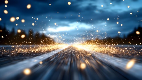 A surreal scene of a highway illuminated by shimmering golden lights scattered in the air, creating a dynamic effect of rapid motion. The sky is partially cloudy in a deep blue color in the background.