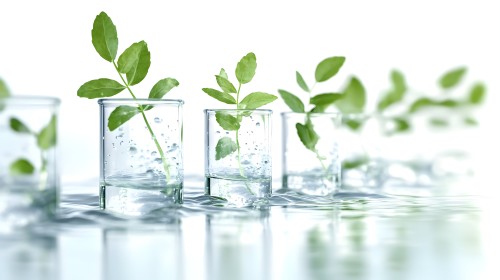 The image shows several glass jars filled with water containing green plant sprouts. The sprouts consist of several vibrant green leaves and are arranged in a neat row. The water reflects light beautifully, adding shimmer to the image.