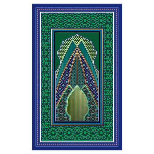 تصميم سجادة صلاة إسلامية بألوان خضراء وزرقاء وزخارف هندسية معقدة.