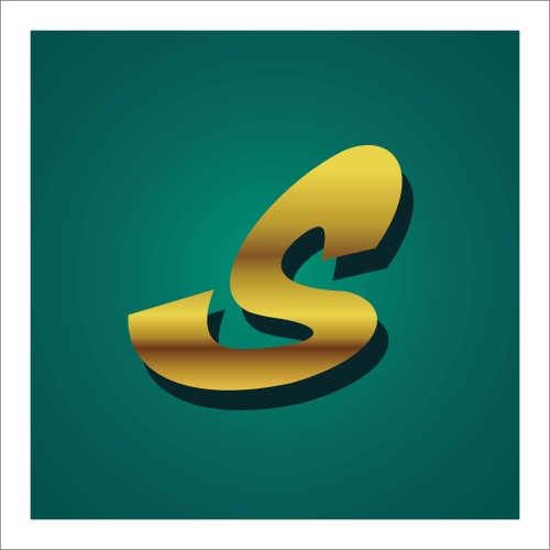 شعار ثلاثي الأبعاد لحرف "S" باللون الذهبي على خلفية خضراء داكنة.