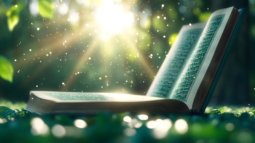 An image of an open book displaying its pages beautifully under sunlight streaming through trees. The Arabic text on the pages is clear, with a natural lighting effect and the sun adding a serene and spiritual touch to the scene.