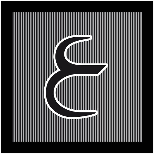 Arabic letter "Ain" in black with a background of vertical white and black stripes.