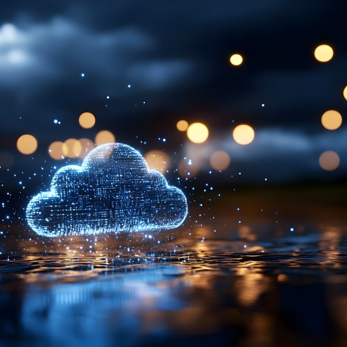 An image depicting a glowing digital blue cloud floating above a reflective surface, with a blurred background that shows sparkling lights and a calm nighttime atmosphere.