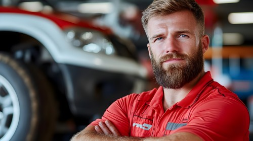 A portrait of a man with a blond beard and blue eyes standing in a car workshop. The man is wearing a short-sleeved red shirt and is positioned in front of a large vehicle. Parts of the car are visible in the background, featuring a mix of red and black colors.