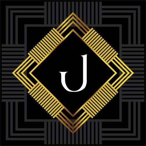 تصميم هندسي يحمل الحرف J باللون الأبيض داخل مربع ذهبي مزخرف على خلفية سوداء.
