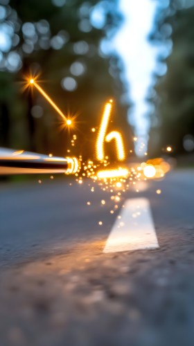 An image showing a golden light effect in the shape of the letter \"h\" illuminating towards a white pedestrian line in the middle of a road. The light casts onto the ground with small sparks. Trees are visible in the blurred background.