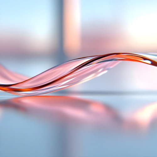 Abstract artwork featuring curved lines with a gradient of pink and orange hues on a blurred background with vibrant colors, evoking a sense of movement and fluid flow.