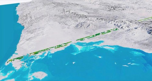 The image shows a topographical map of a large section of Saudi Arabia extending along the Red Sea, highlighting the NEOM\'s \"The Line\" project. Green areas represent the new development, with light blue sea visible on the left and gray mountainous terrain on the right.