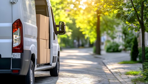 An image of a white van parked on a cobblestone street, with its back doors open and loaded with cardboard boxes. It is surrounded by leafy trees and green shrubs, with sunlight filtering through the foliage.