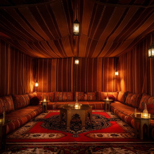 A traditional tent decorated interior with upholstered couches in warm colors like red and brown, featuring intricate patterns. The cushions match the richly patterned carpet covering the floor. In the center, there is a metal table with distinctive Arabic design. The lighting is soft, provided by lanterns hanging on the walls, creating a warm and inviting atmosphere.