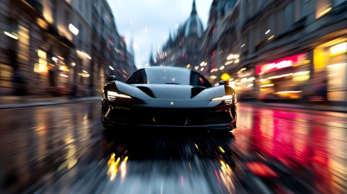 سيارة رياضية سوداء تتحرك بسرعة عالية في شارع مدينة مضاء بأضواء النيون أثناء الليل. تظهر القطرات المائية على السيارة, مما يشير إلى أن الطريق مبتل. المباني في الخلفية تبدو مشوشة بسبب السرعة العالية, مما يعطي إحساسًا بالحركة السريعة والإثارة.