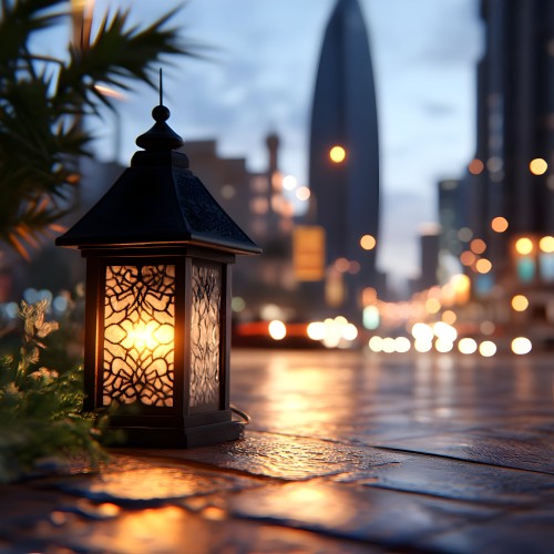 An image showing an illuminated lantern with Islamic patterns placed on a wet pavement with reflections of street lights in the background. Urban buildings with blurred lights appear in the background, creating a bright night atmosphere.