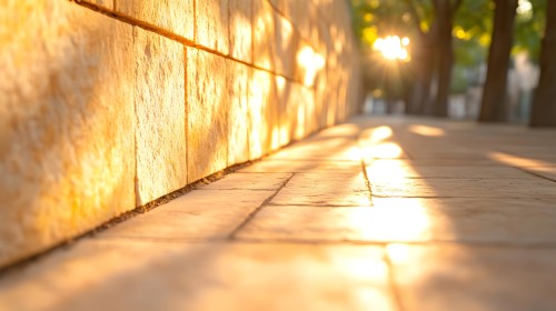 The image shows a paved ground with stone tiles illuminated by golden sunlight. The light reflects on the floor tiles and on the stone wall on the left side, creating long shadows and light patches. In the background, trees with green leaves contribute to the calm and peaceful atmosphere of the scene.