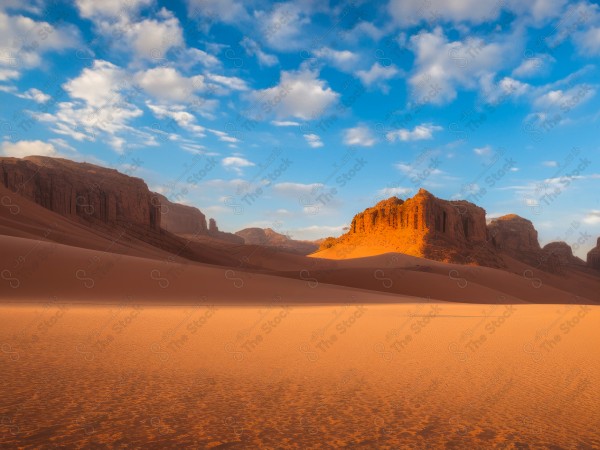 لقطة للكثبان الرملية الذهبية في الصحراء السعودية وتظهر السماء صافية  نهارًا ، الربع الخالي ، مناطق صحراوية، مصممة بواسطة الذكاء الاصطناعي.