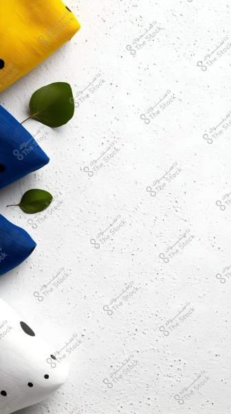 An image displaying a textured white background with three fabric rolls on the left side: one yellow, one blue, and one white, all with black polka dots. A green leaf is positioned next to each roll.
