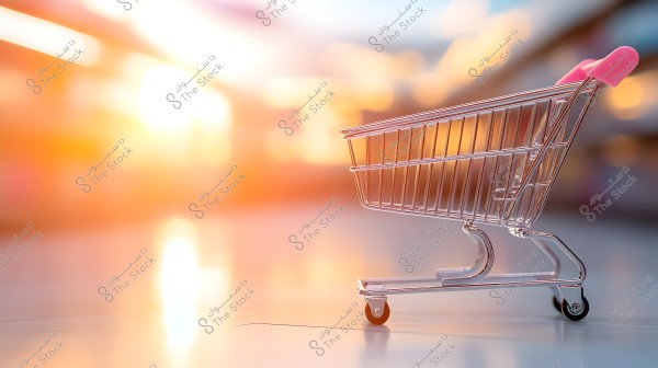 An empty metal shopping cart with a pink handle stands on a glossy floor inside a store or mall. The background is blurred with a golden sunlight effect spreading across the glass.